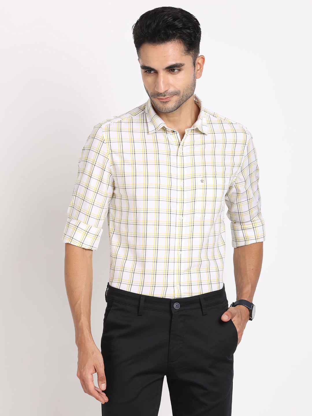 100% Cotton White Checkered Slim Fit Full Sleeve Casual Shirt