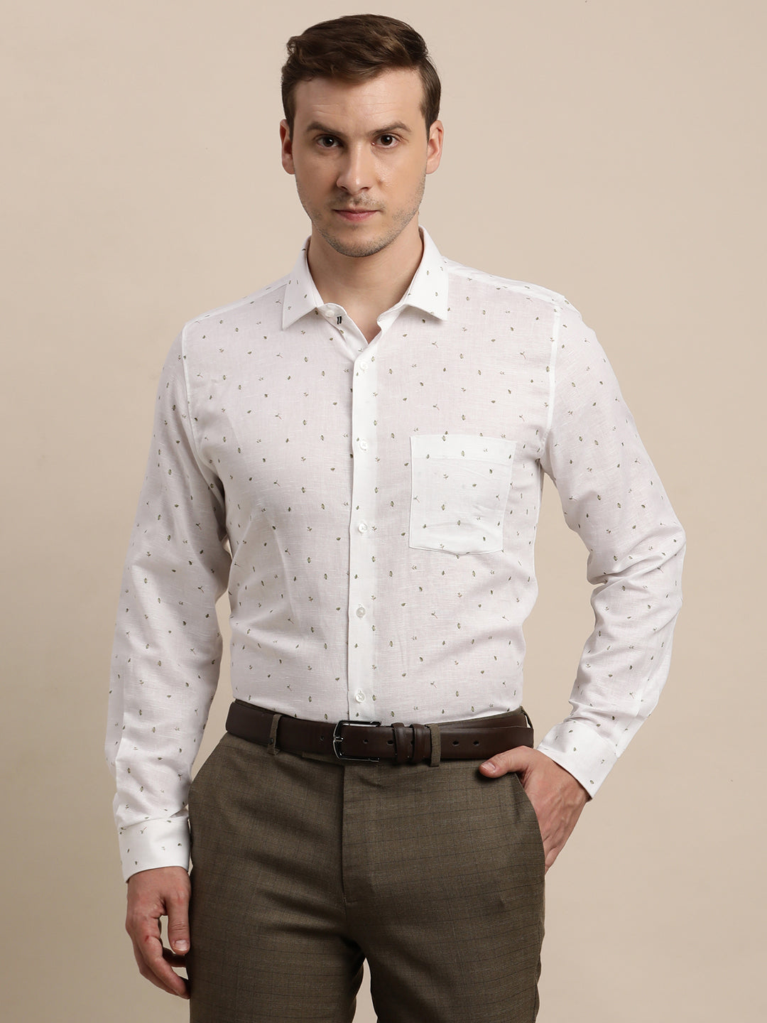 Cotton Linen White Printed Slim Fit Full Sleeve Formal Shirt