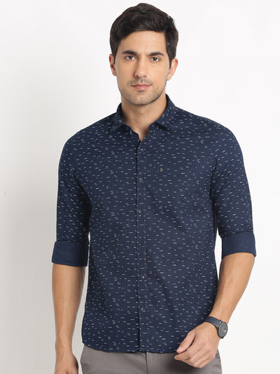 100% Cotton Dark Blue Printed Slim Fit Full Sleeve Casual Shirt