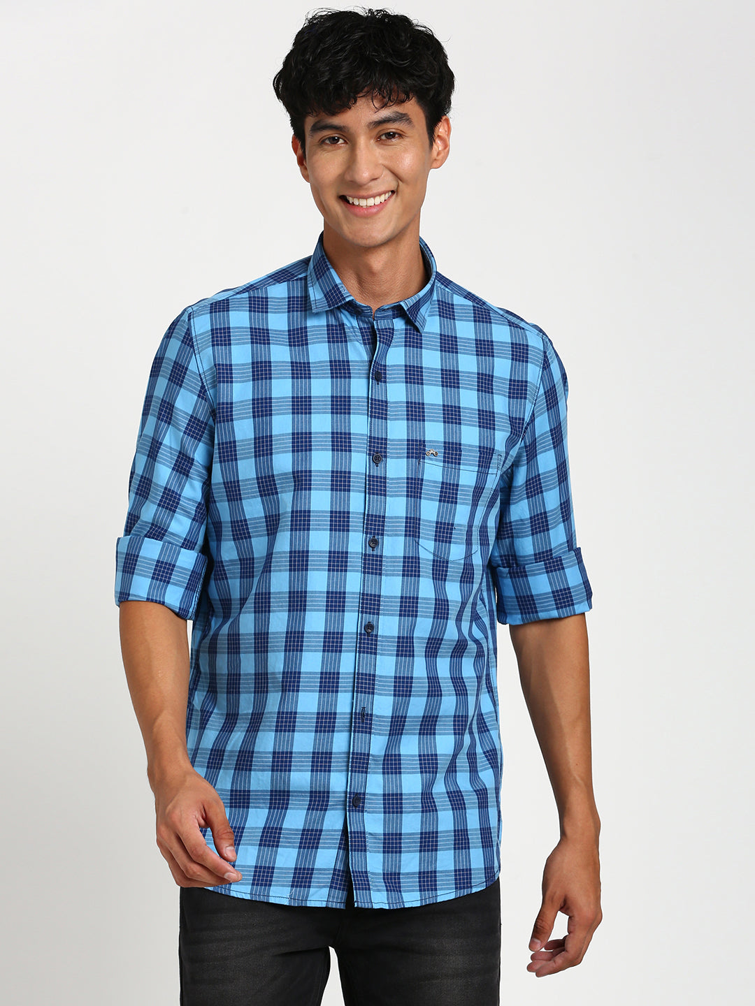 100% Cotton Blue Checkered Slim Fit Full Sleeve Casual Shirt