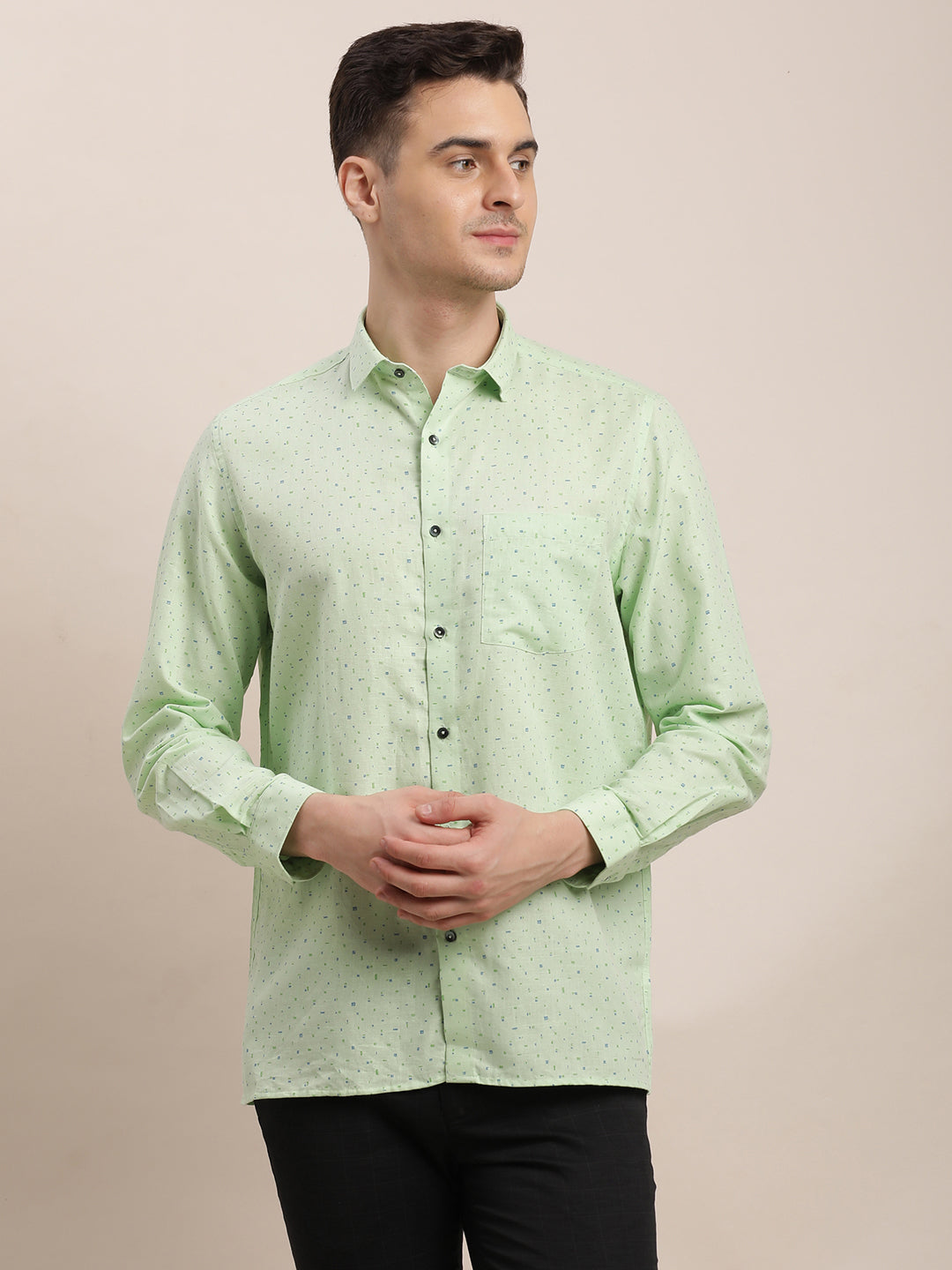 Cotton Linen Pista Green Printed Regular Fit Full Sleeve Formal Shirt