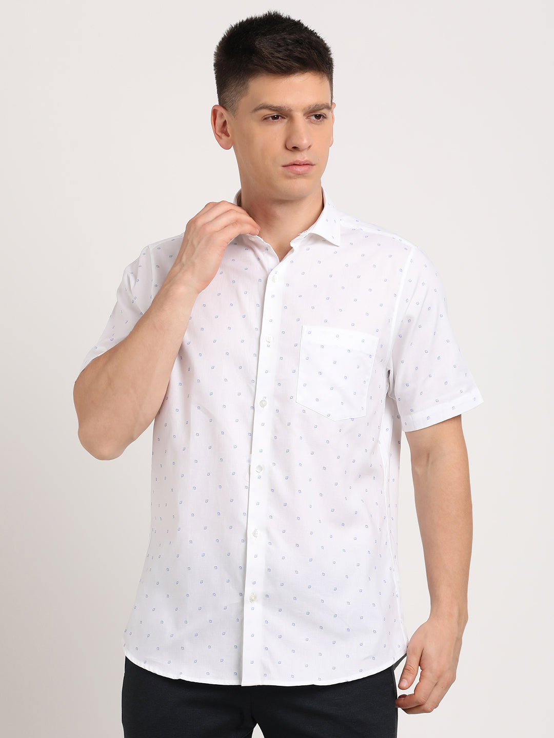 100% Cotton White Printed Slim Fit Half Sleeve Formal Shirt