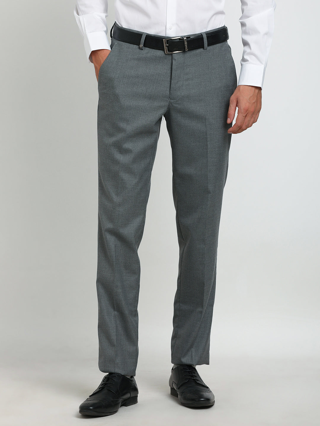 Poly Viscose Grey Plain Slim Fit Flat Front Formal Trouser