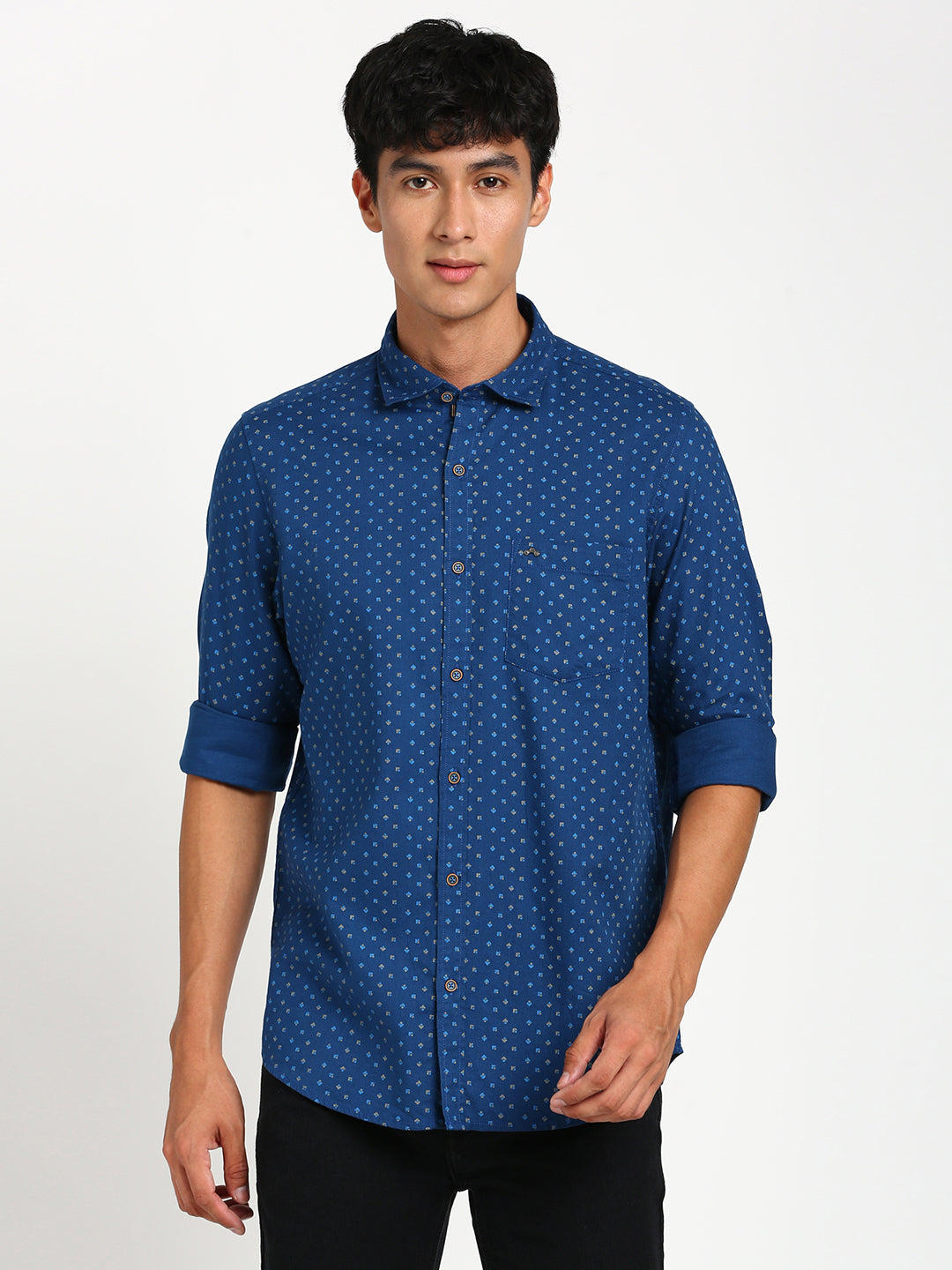 100% Cotton Blue Printed Slim Fit Full Sleeve Casual Shirt