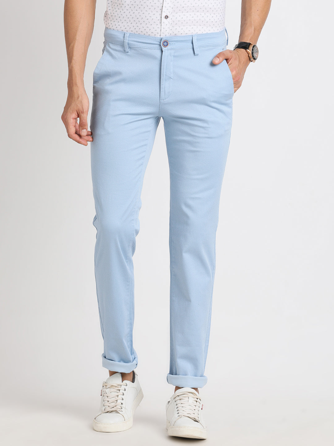 Cotton Stretch Sky Blue Printed Ultra Slim Fit Flat Front Casual Trouser