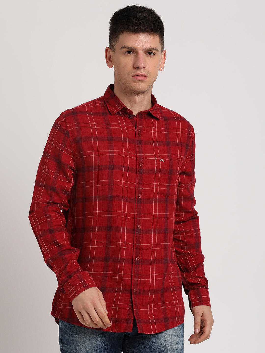 Cotton Lyocell Red Checkered Slim Fit Full Sleeve Casual Shirt