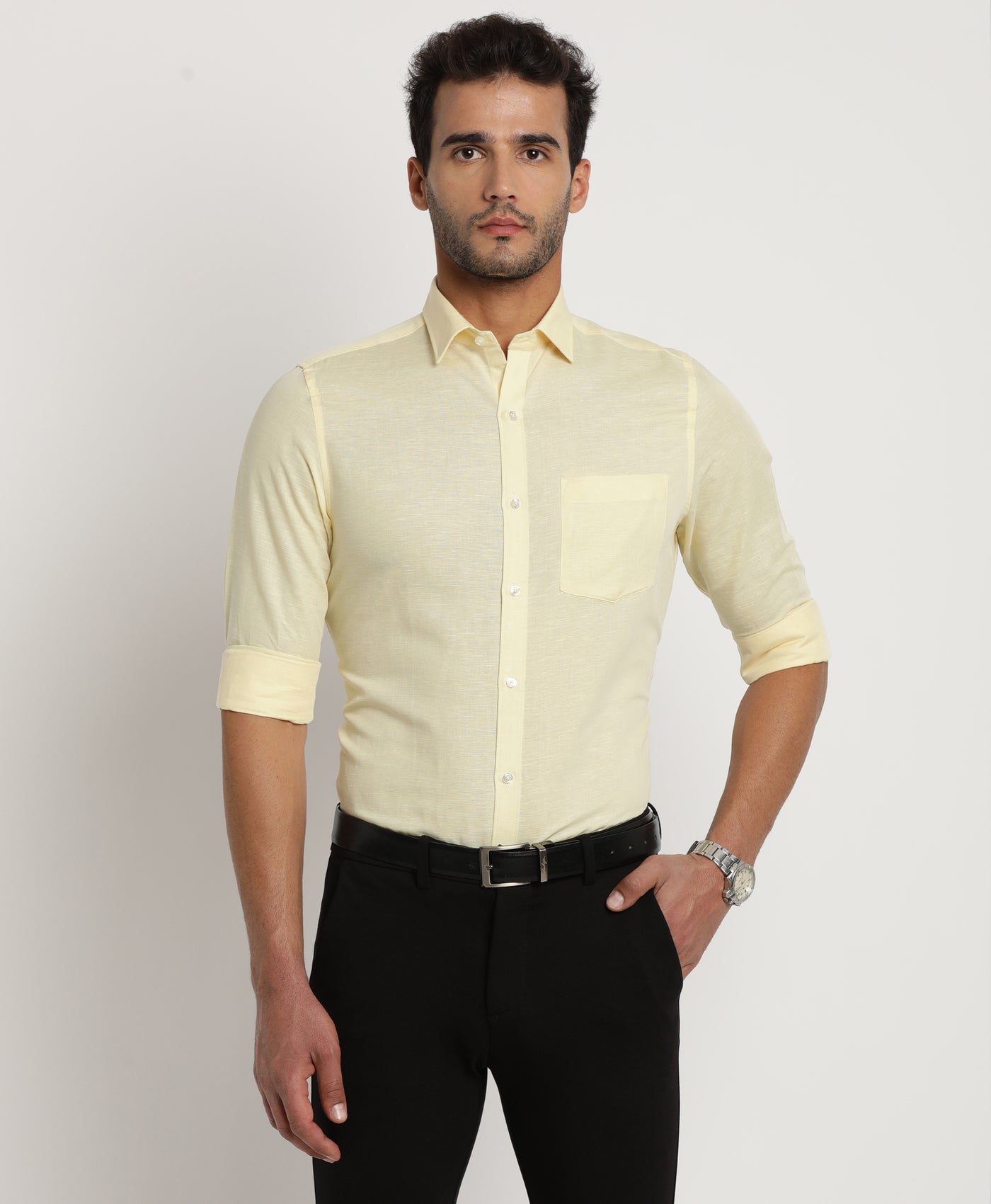 Cotton Linen Yellow Plain Regular Fit Full Sleeve Formal Shirt