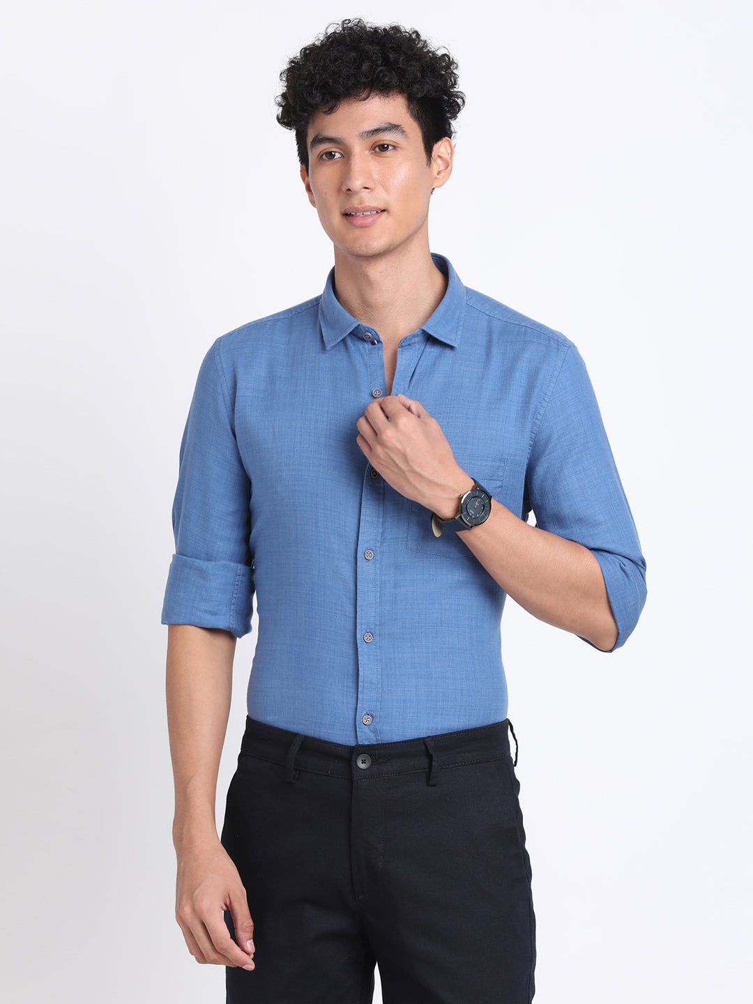 Cotton Lyocell Blue Plain Slim Fit Full Sleeve Casual Shirt