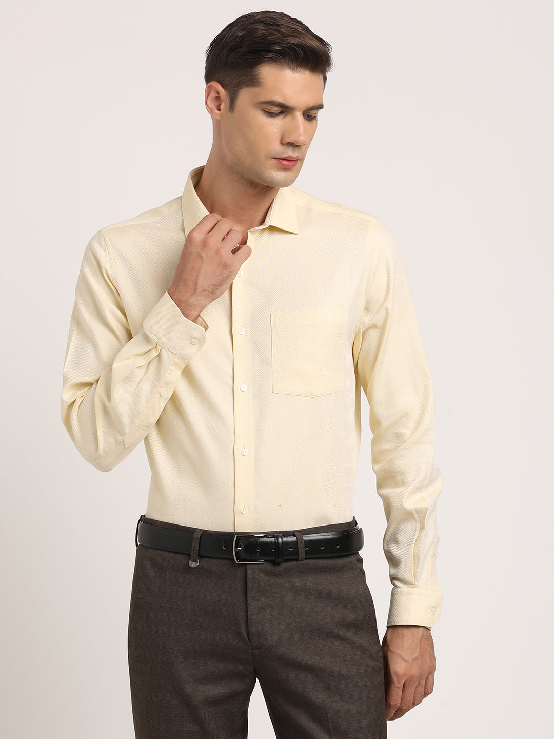 100% Cotton Beige Dobby Slim Fit Full Sleeve Formal Shirt