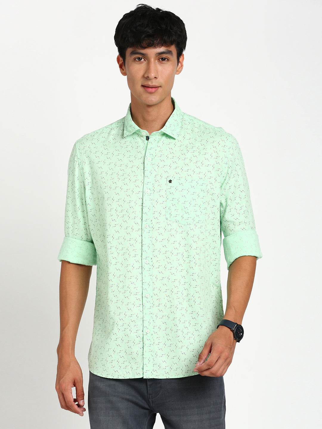 100% Cotton Green Printed Slim Fit Full Sleeve Casual Shirt