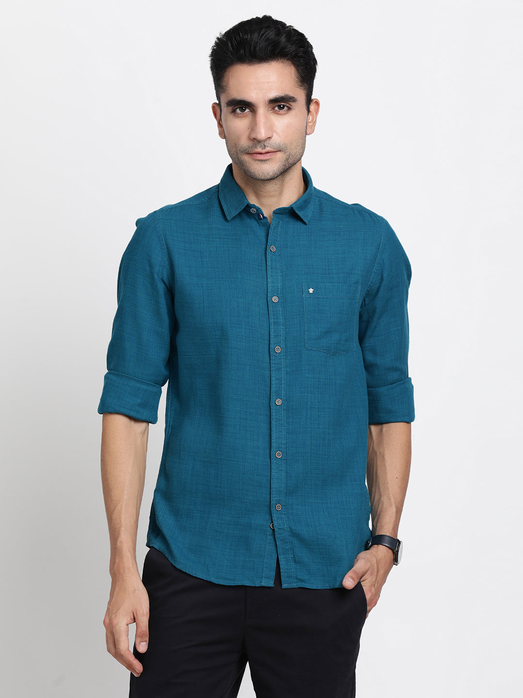 Cotton Lyocell Teal Blue Plain Slim Fit Full Sleeve Casual Shirt