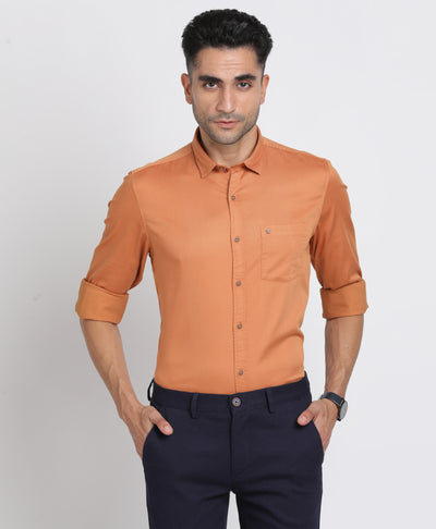 Cotton Stretch Orange Plain Slim Fit Full Sleeve Casual Shirt