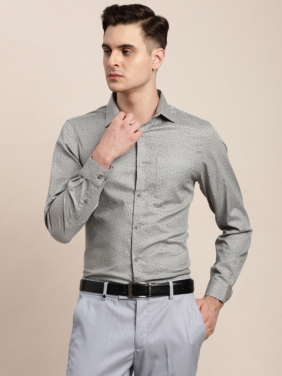 100% Cotton Grey Printed Slim Fit Full Sleeve Formal Shirt