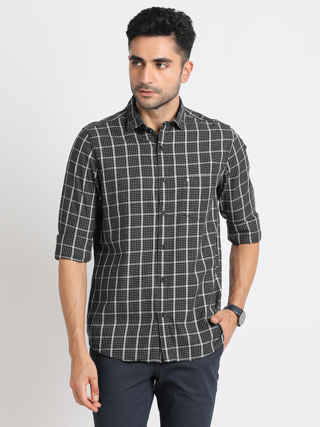 Cotton Melange Black Checkered Slim Fit Full Sleeve Casual Shirt