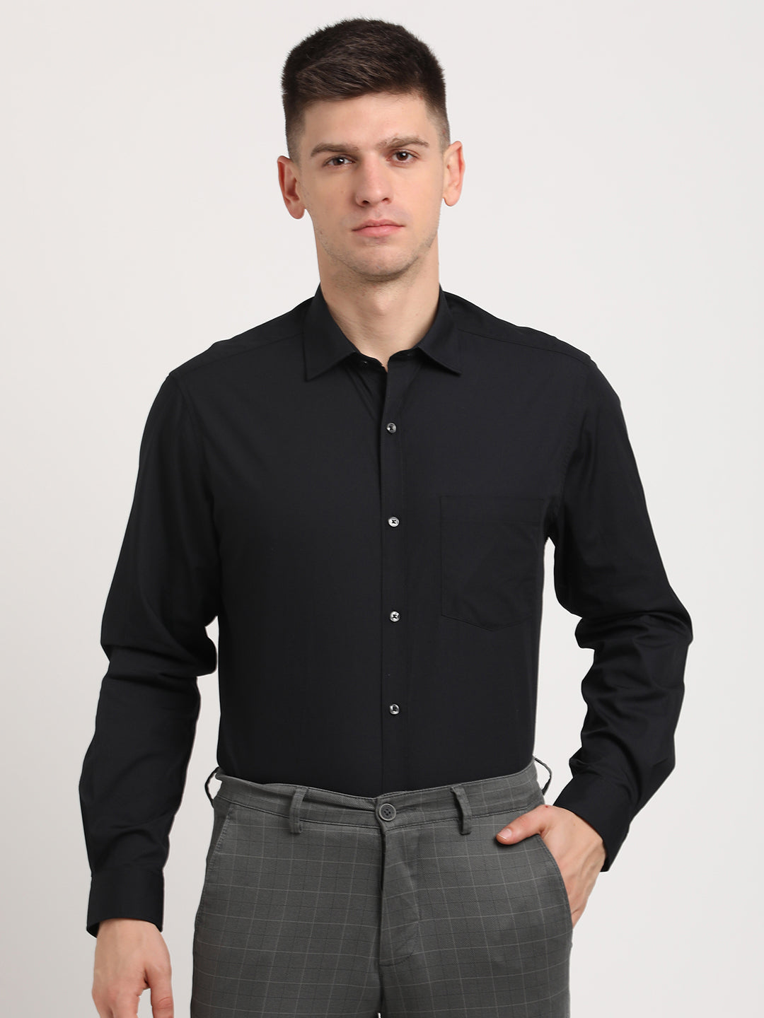 100% Cotton Black Plain Regular Fit Full Sleeve Formal Shirt