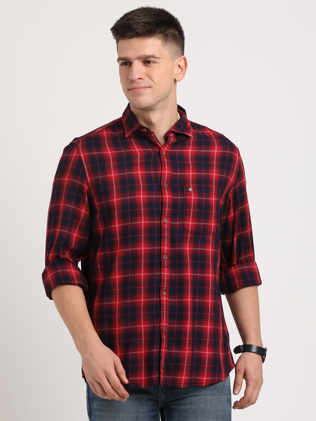 100% Cotton Dark Blue Checkered Slim Fit Full Sleeve Casual Shirt