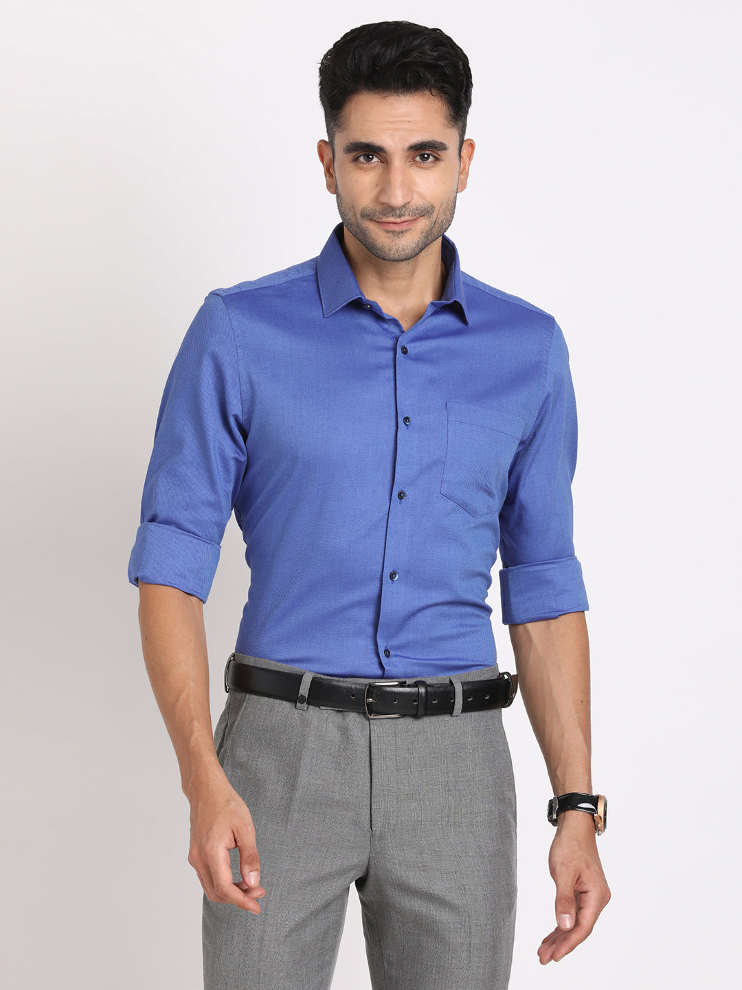 100% Cotton Blue Dobby Slim Fit Full Sleeve Formal Shirt