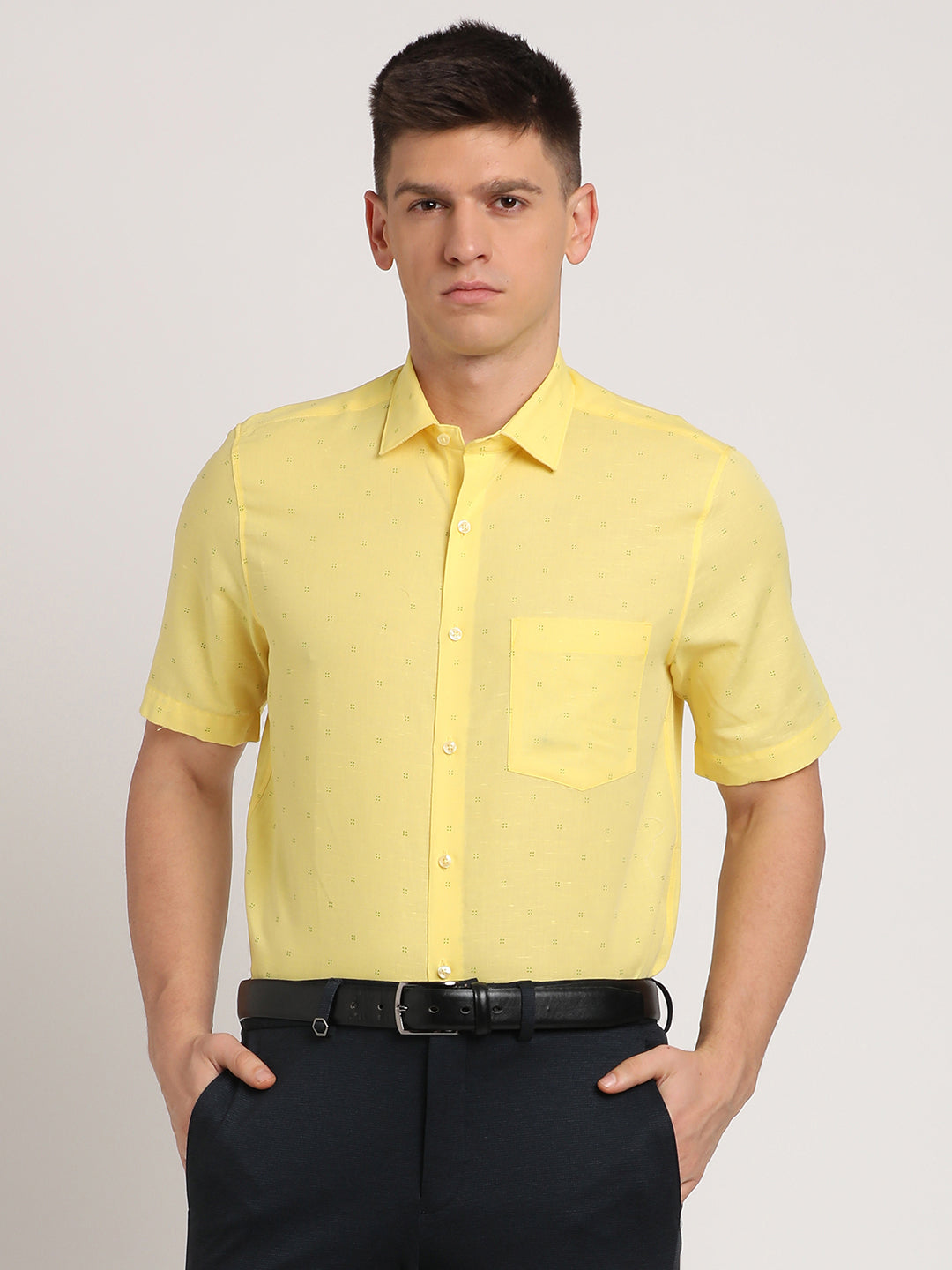 Cotton Linen Lemon Yellow Printed Regular Fit Half Sleeve Formal Shirt