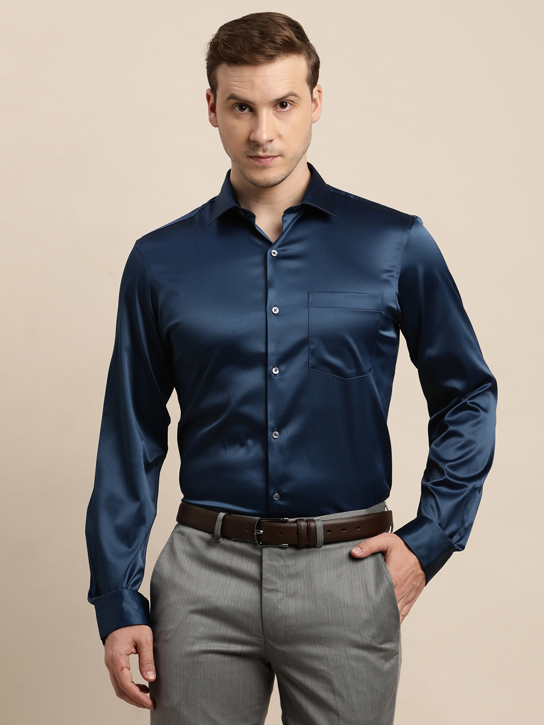 Poly Satin Blue Plain Slim Fit Full Sleeve Ceremonial Shirt