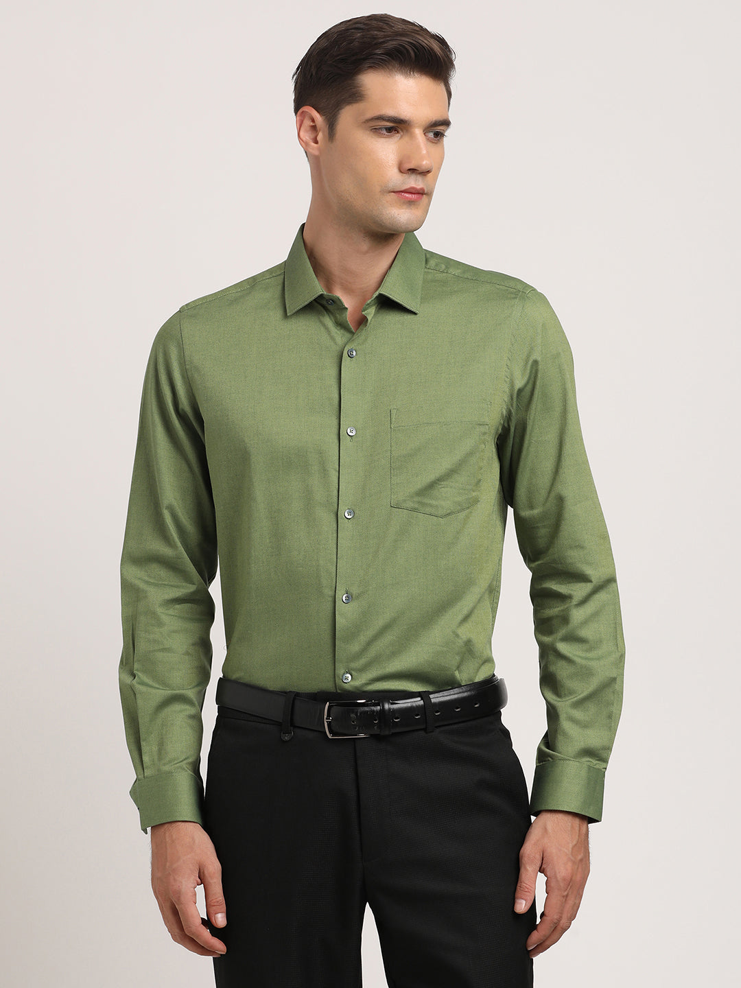 100% Cotton Olive Dobby Slim Fit Full Sleeve Formal Shirt