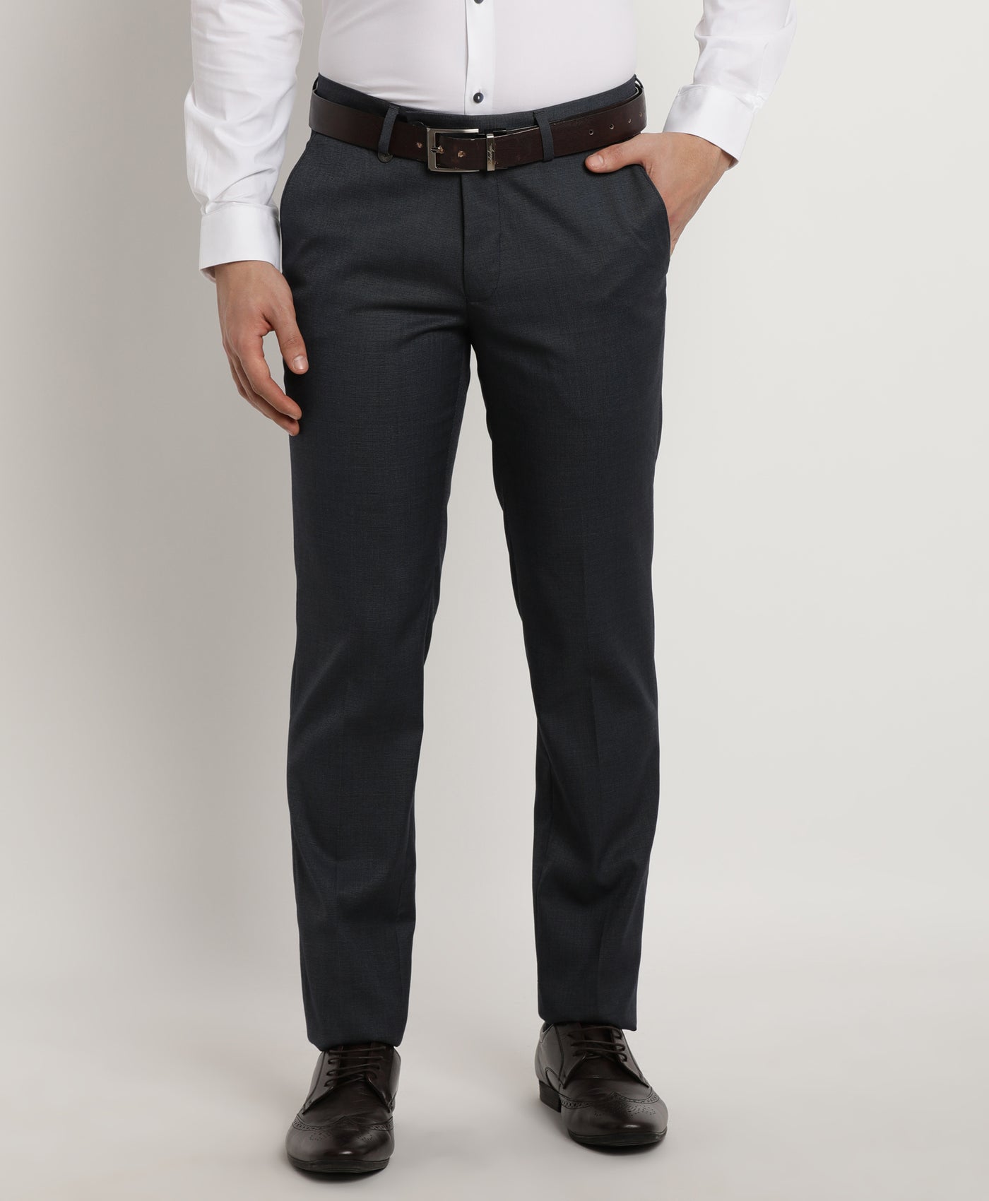 Terry Rayon Charcoal Plain Slim Fit Flat Front Formal Trouser