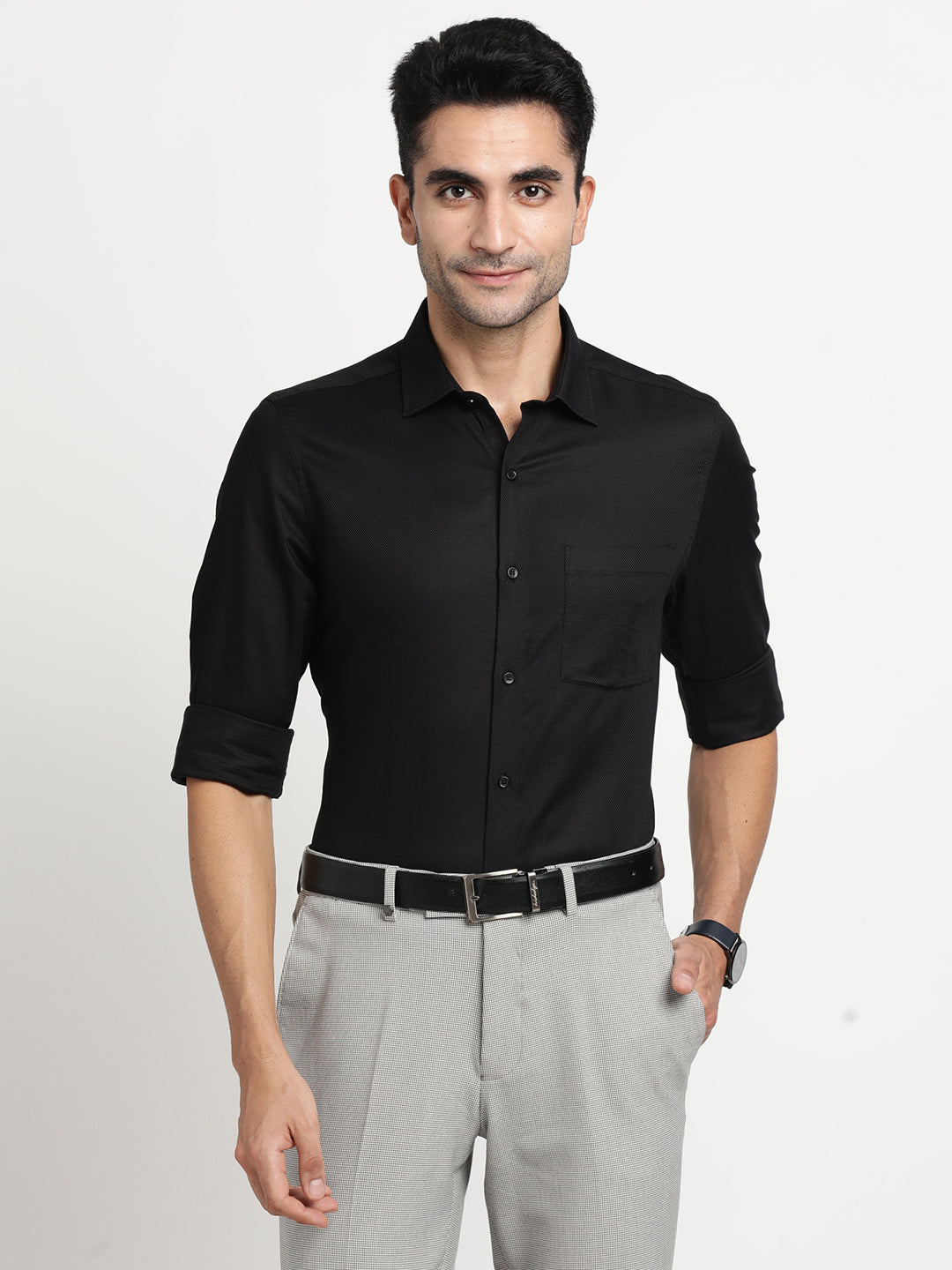 100% Cotton Black Dobby Slim Fit Full Sleeve Formal Shirt