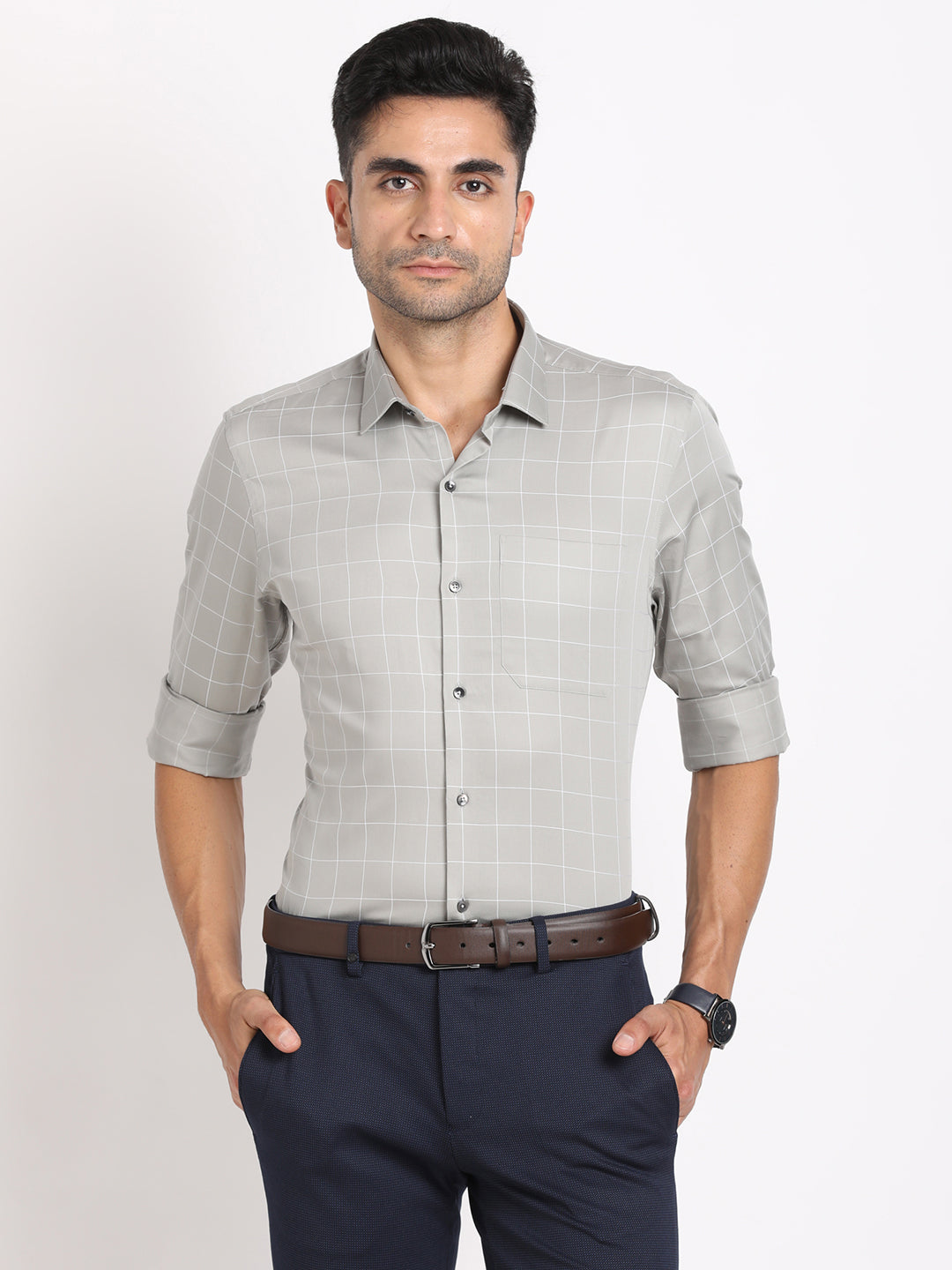 100% Cotton Grey Checkered Slim Fit Full Sleeve Formal Shirt