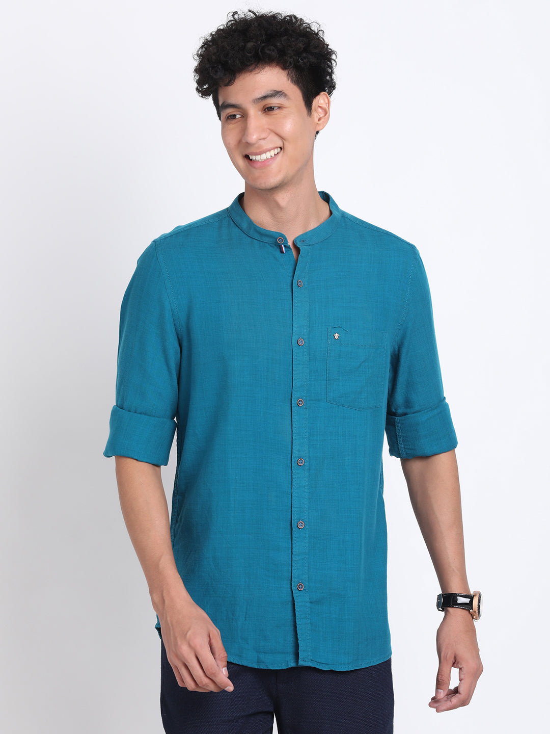 Cotton Lyocell Teal Blue Plain Slim Fit Full Sleeve Casual Shirt