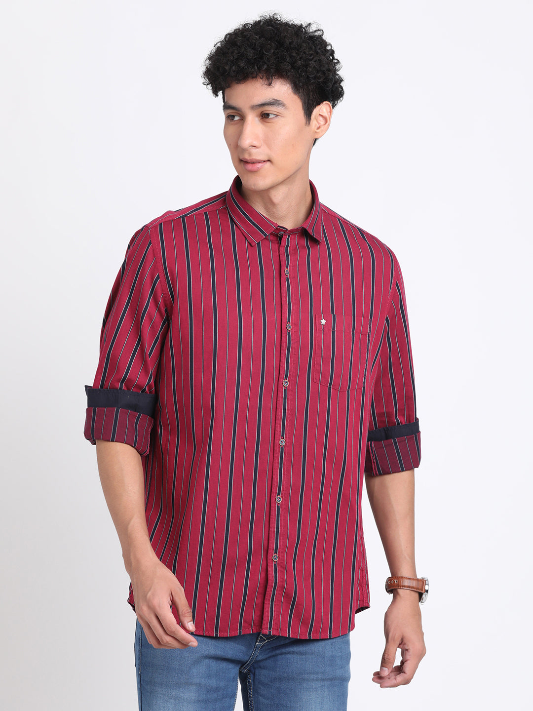 100% Cotton Maroon Striped Slim Fit Full Sleeve Casual Shirt