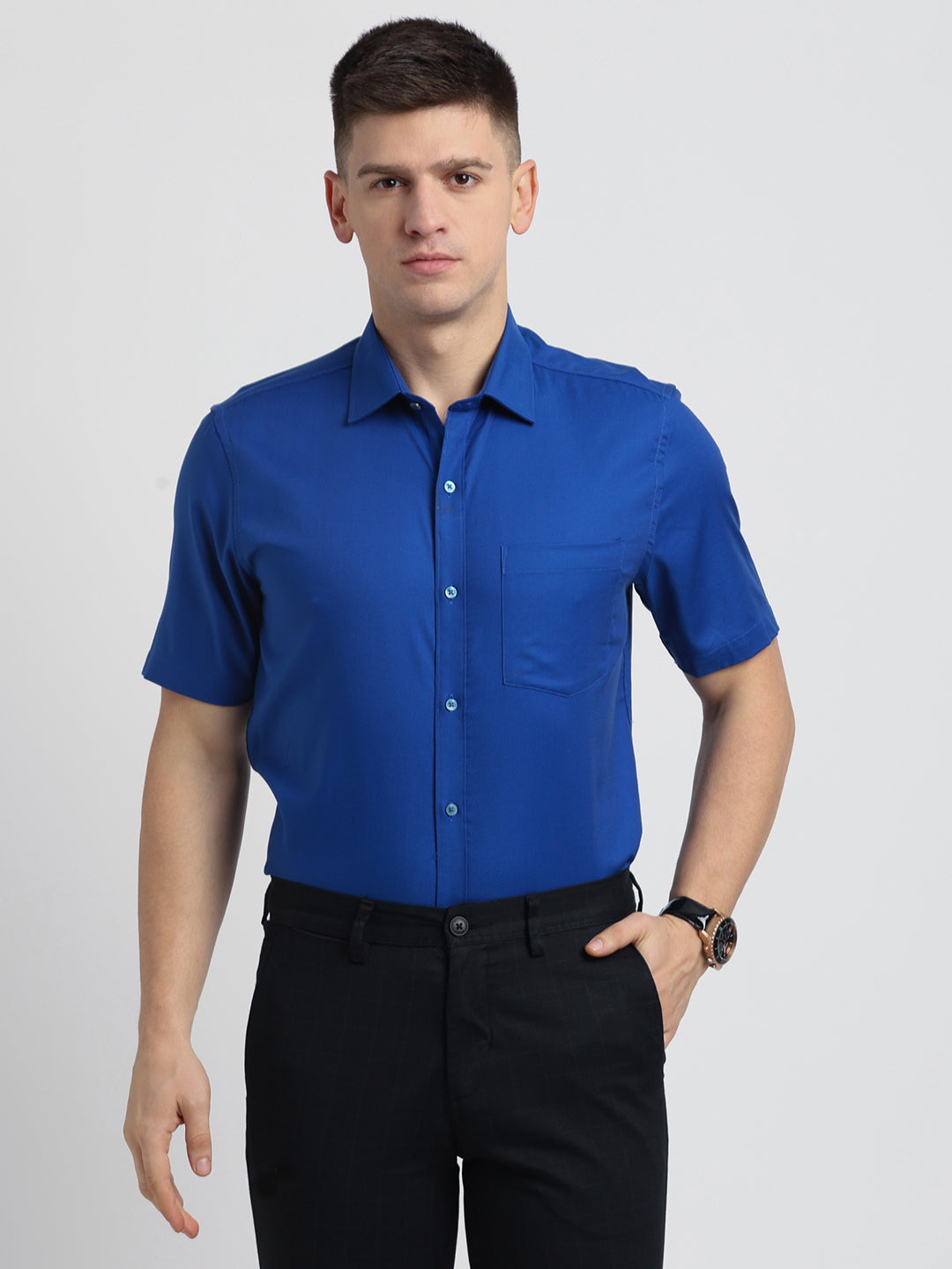 100% Cotton Blue Dobby Regular Fit half Sleeve Formal Shirt