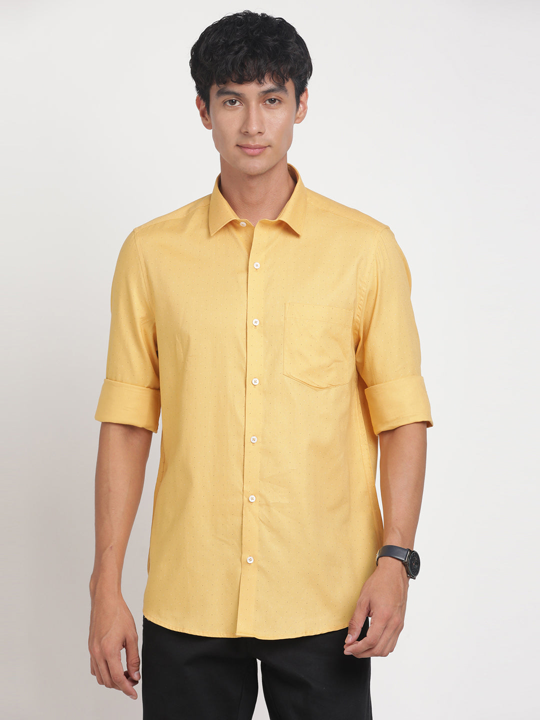 100% Cotton Yellow Printed Slim Fit Full Sleeve Formal Shirt