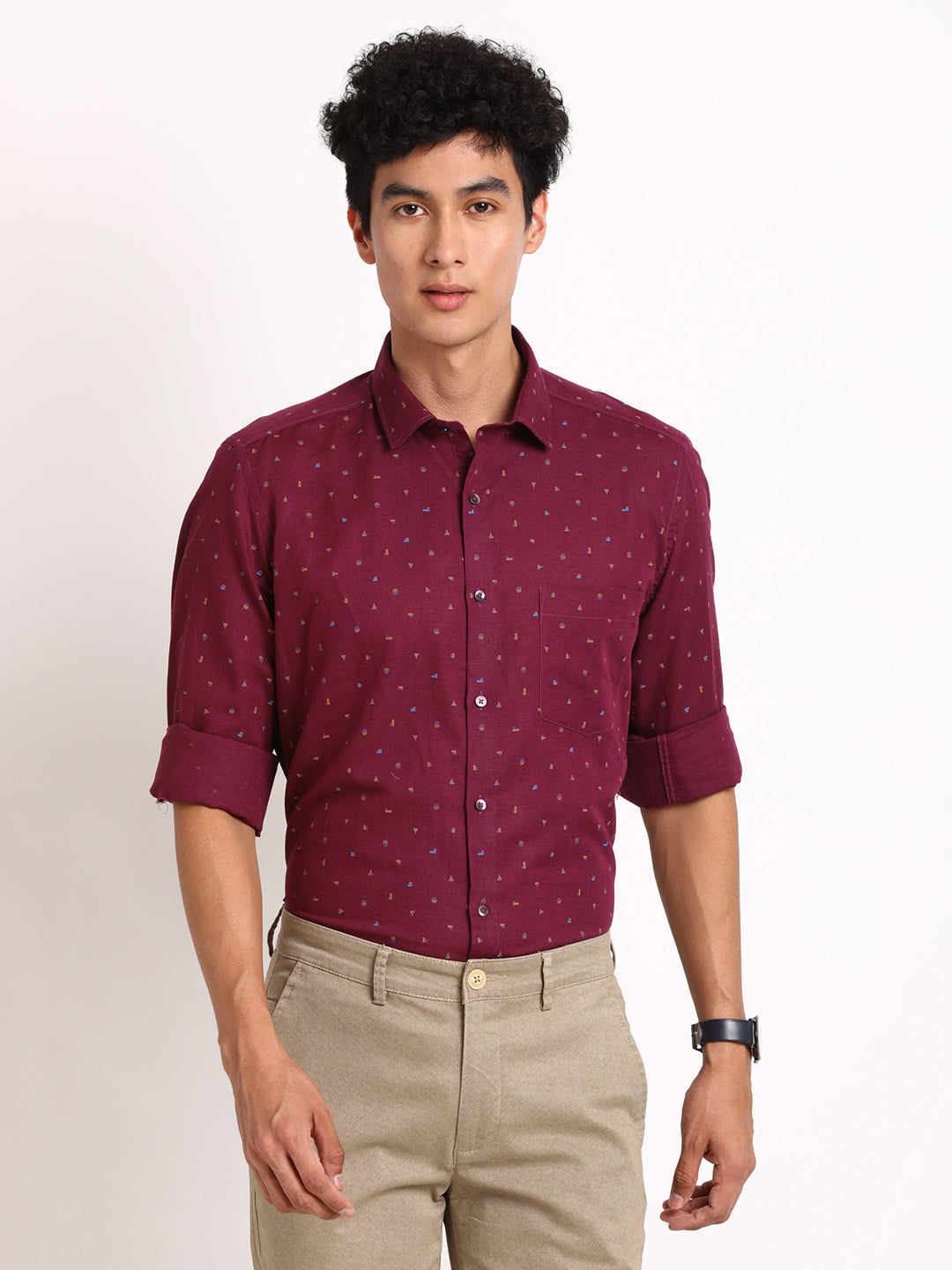 Cotton Linen Burgundy Printed Regular Fit Full Sleeve Formal Shirt