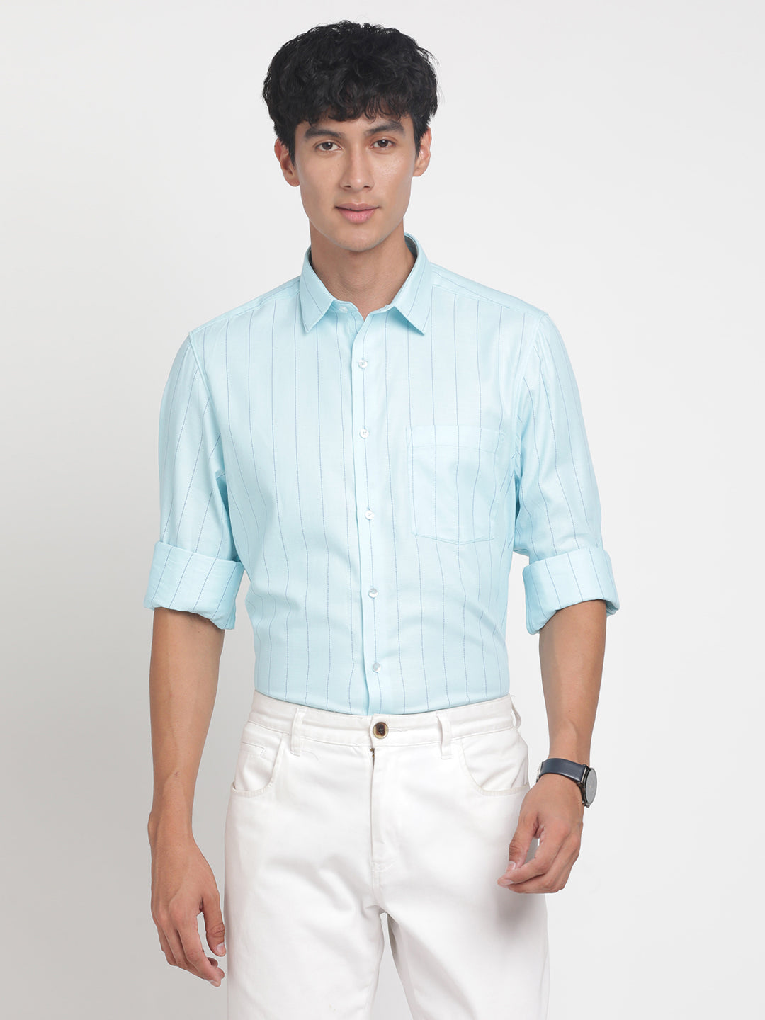 100% Cotton Aqua Blue Striped Regular Fit Full Sleeve Formal Shirt