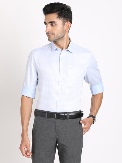 100% Cotton Sky Blue Checkered Regular Fit Full Sleeve Formal Shirt