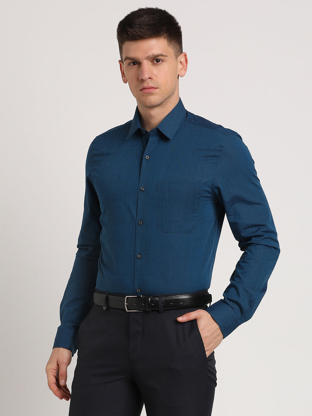 100% Cotton Navy Blue Plain Slim Fit Full Sleeve Formal Shirt