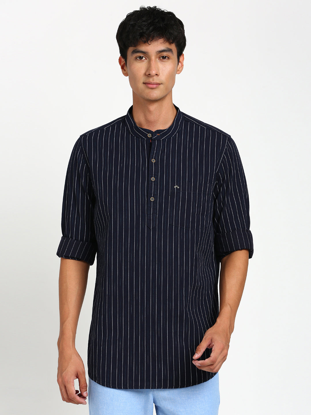 100% Cotton Navy Blue Striped Kurta Full Sleeve Casual Shirt