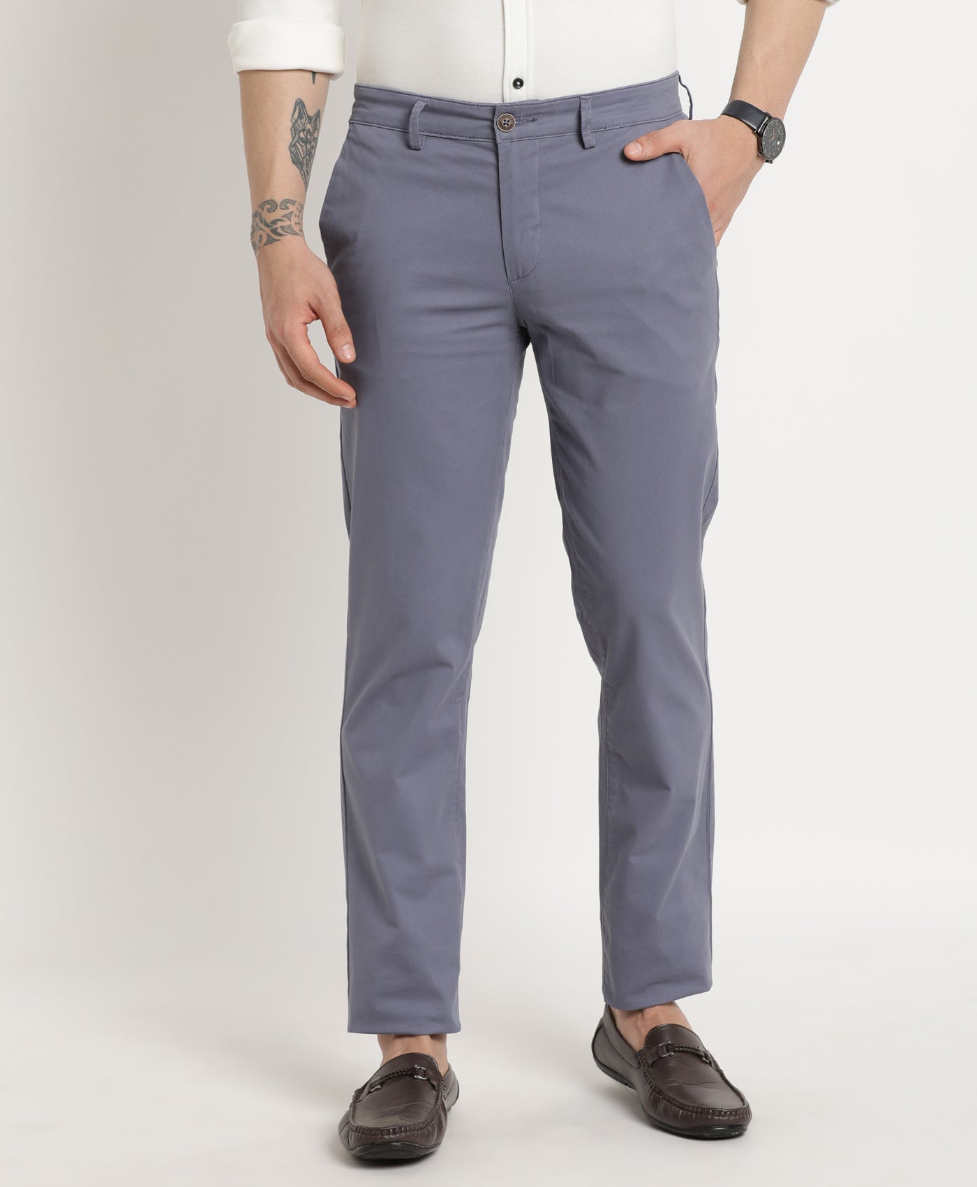 Cotton Stretch Steel Grey Plain Ultra Slim Fit Flat Front Casual Trouser