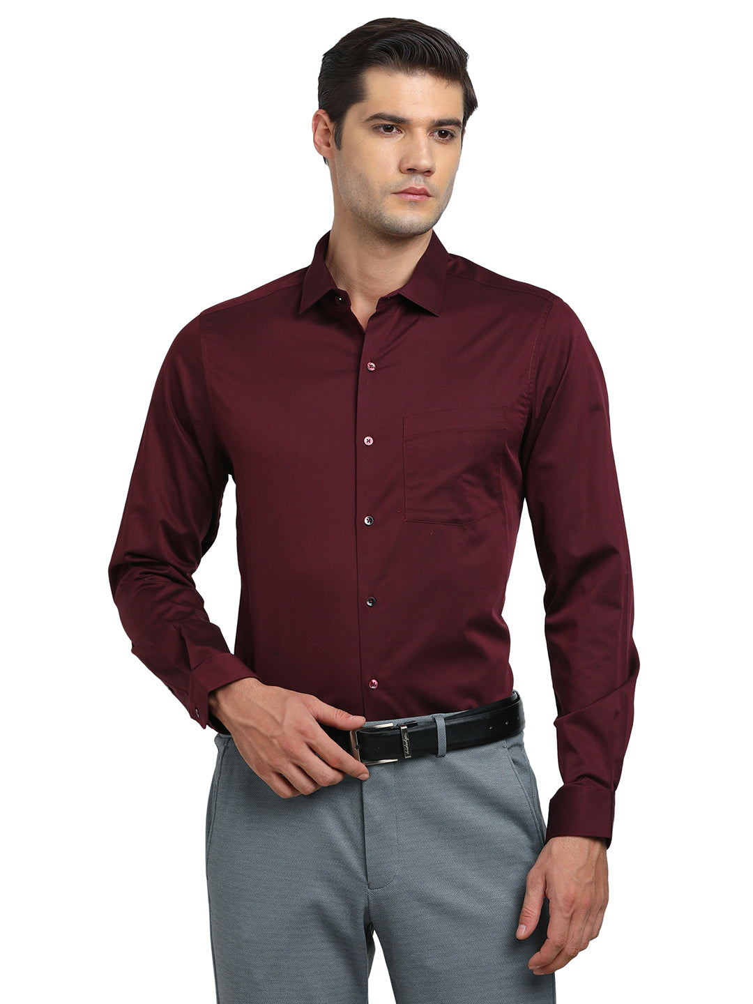 100% Cotton Maroon Plain Slim Fit Full Sleeve Ceremonial Shirt