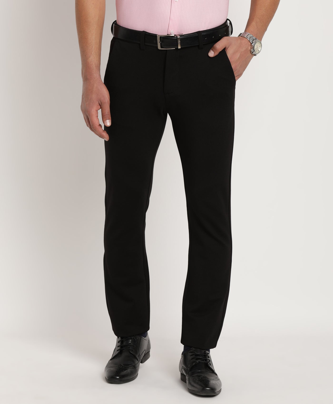 Cotton Stretch Black Plain Ultra Slim Fit Flat Front Casual Trouser