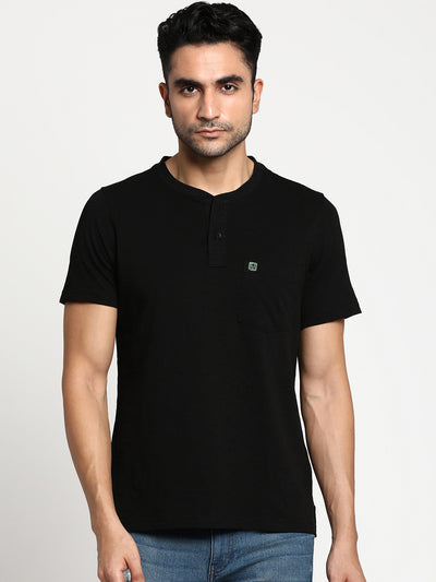 Essentials Black-White Solid Henley Neck T-Shirt (Pack of 2)