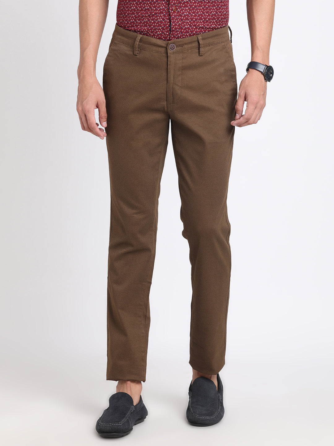 Cotton Stretch Brown Dobby Narrow Fit Flat Front Casual Trouser