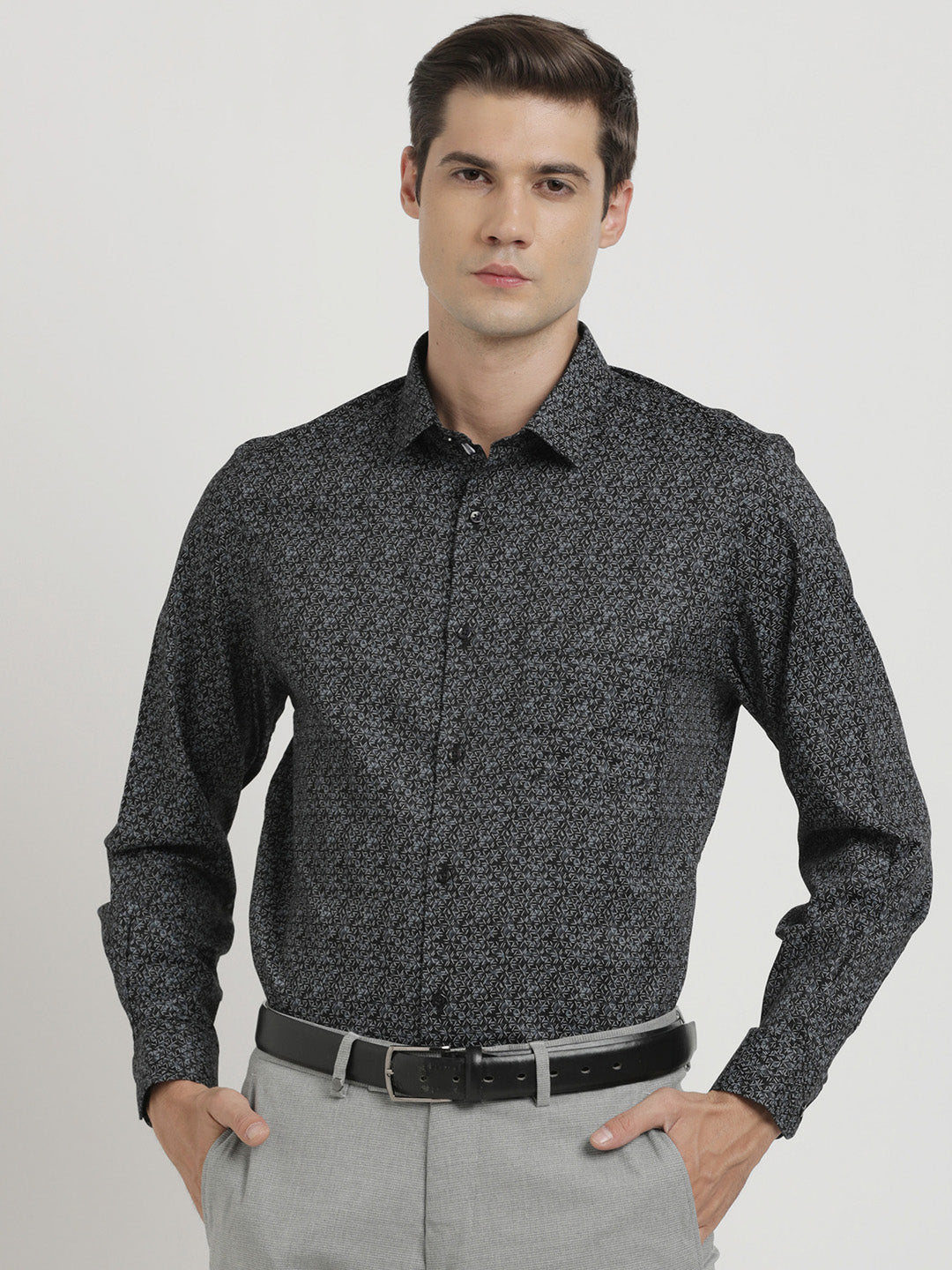 100% Cotton Black Printed Regular Fit Full Sleeve Formal Shirt