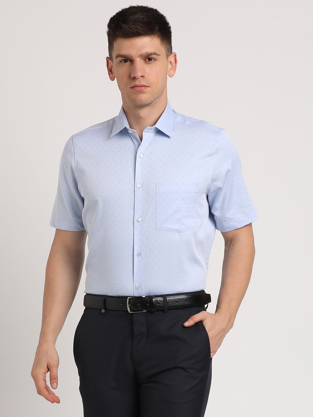 100% Cotton Light Blue Dobby Regular Fit Half Sleeve Formal Shirt