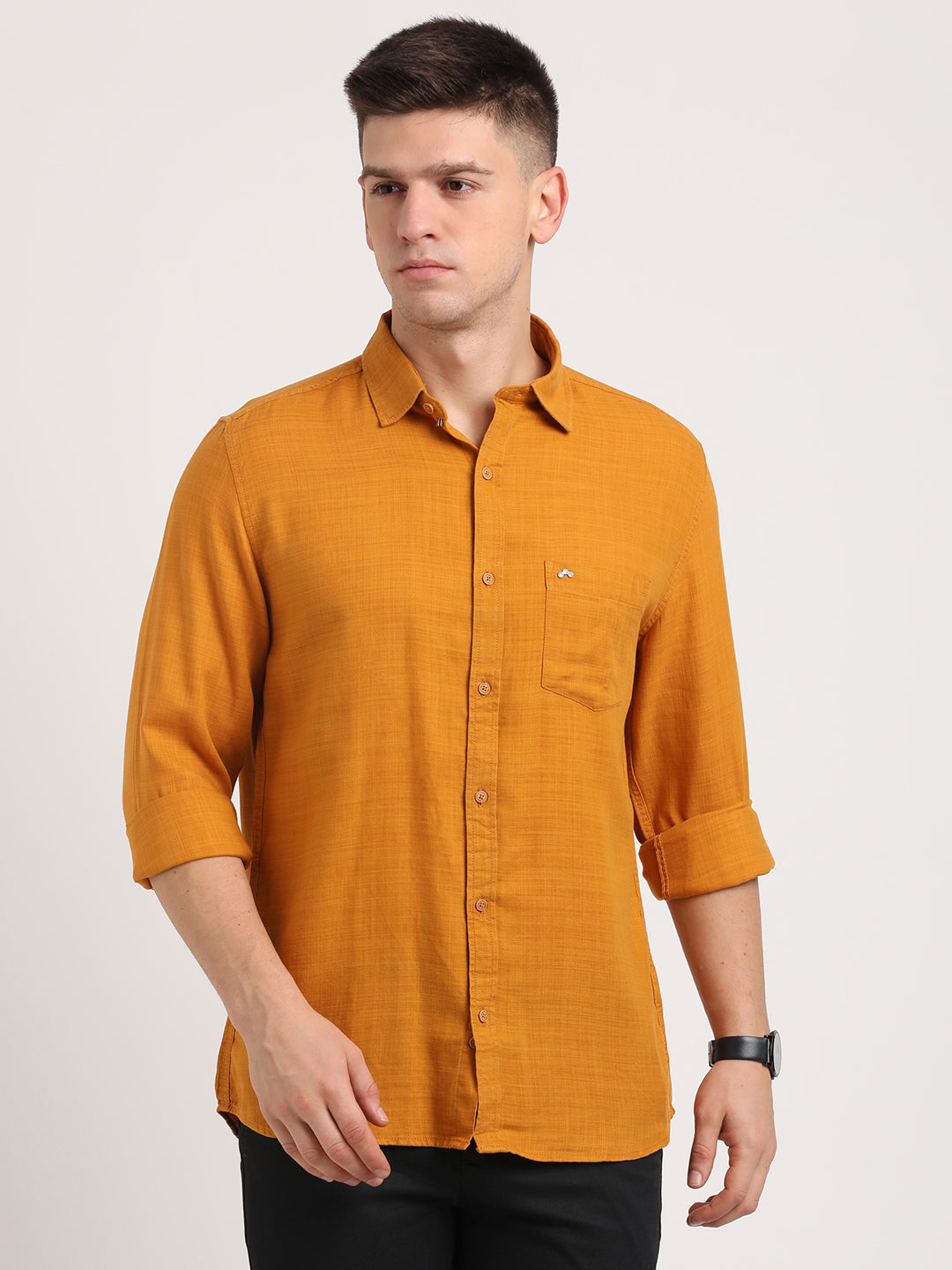 Cotton Lyocell Mustard Plain Slim Fit Full Sleeve Casual Shirt