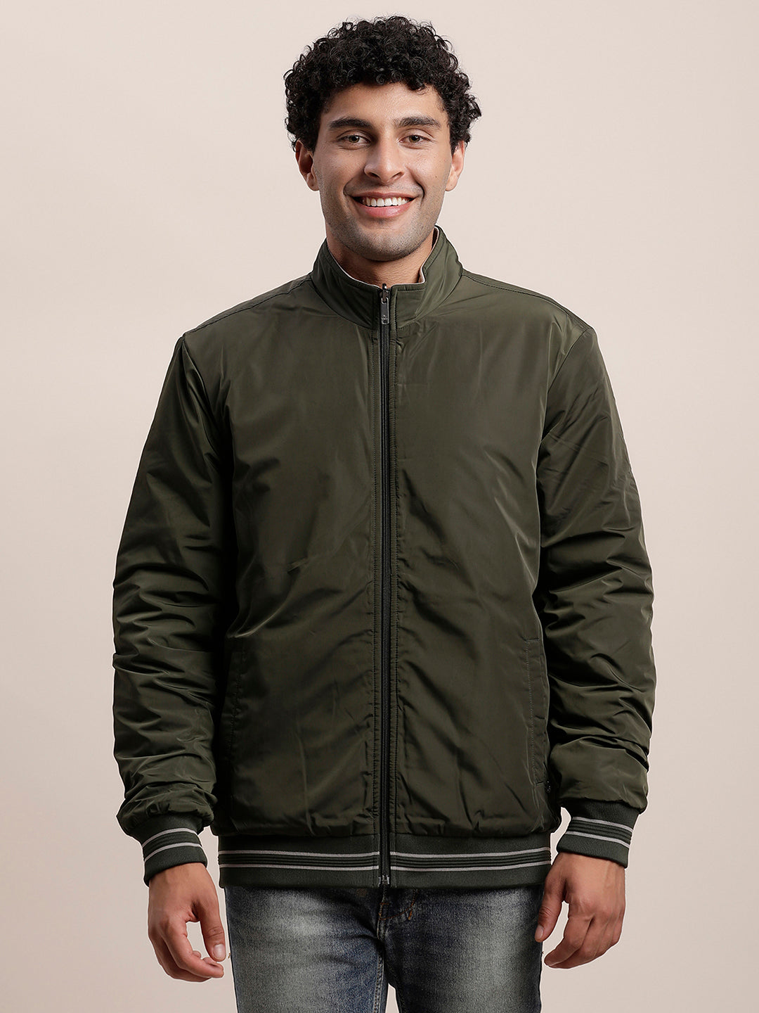 Knitted Solid Green & Grey Zipper Reversible Windcheater Jacket