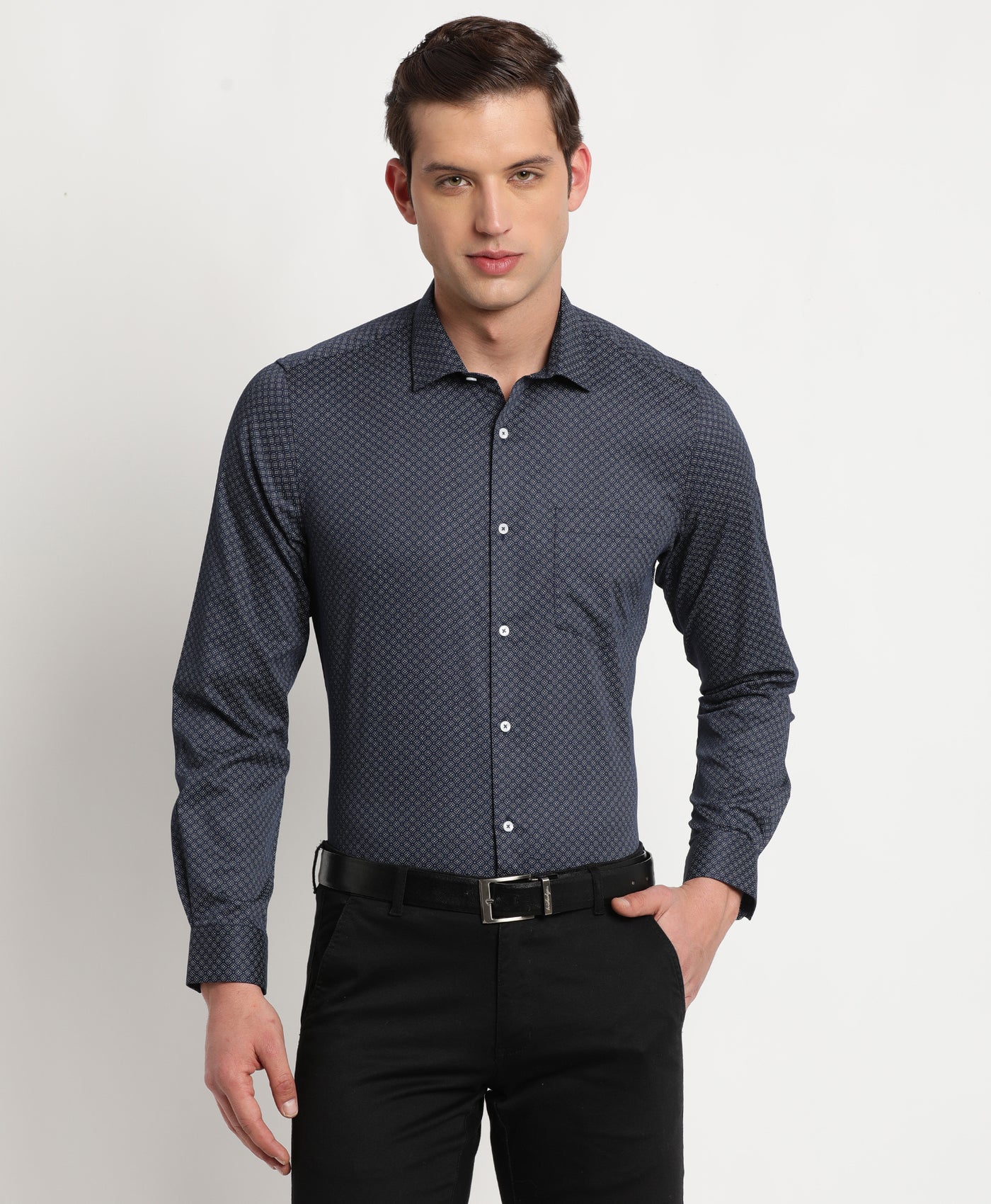 100% Cotton Navy Blue Printed Slim Fit Full Sleeve Formal Shirt