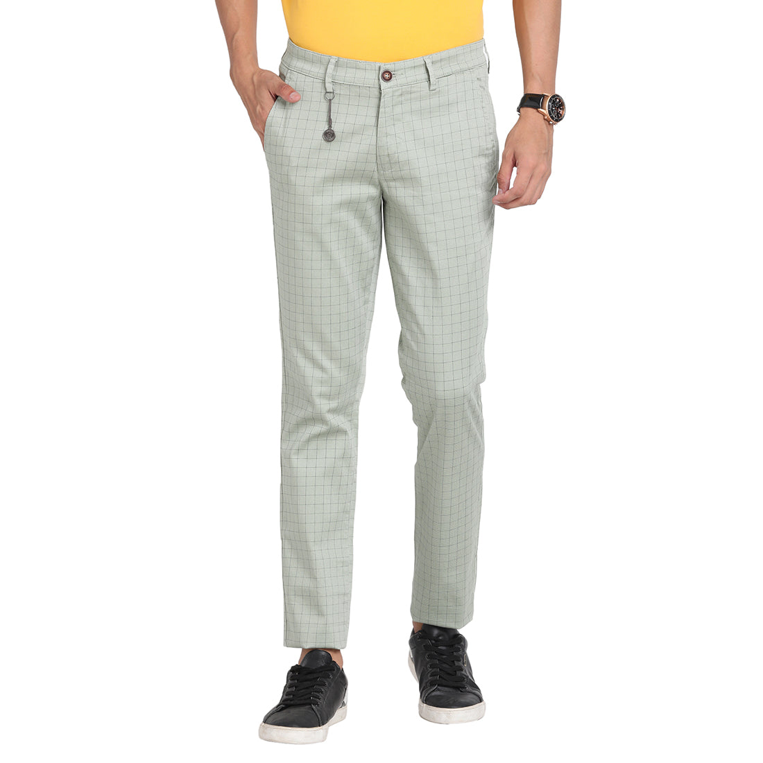 Turtle Men Off White Narrow Fit Checked Casual Trousers