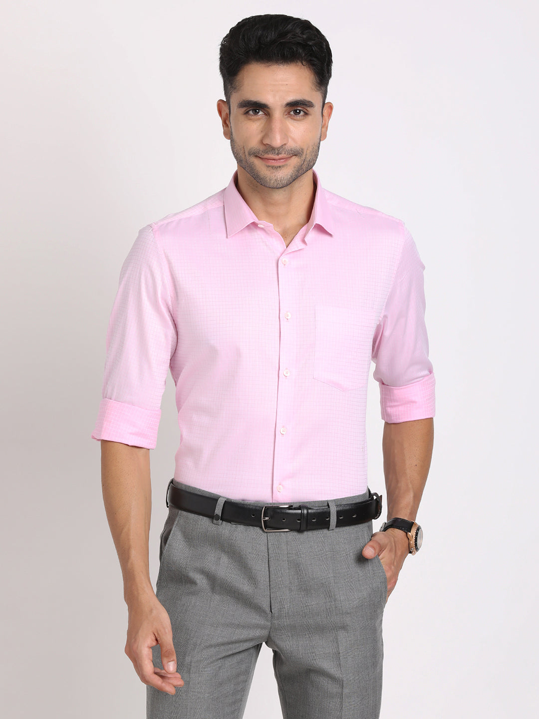 Giza Cotton Light Pink Checkered Slim Fit Full Sleeve Formal Shirt