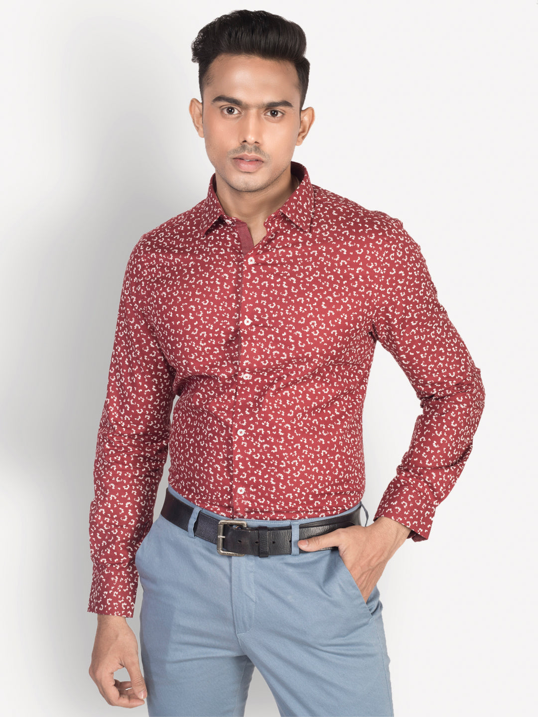 100% Cotton Maroon Printed Slim Fit Full Sleeve Formal Shirt