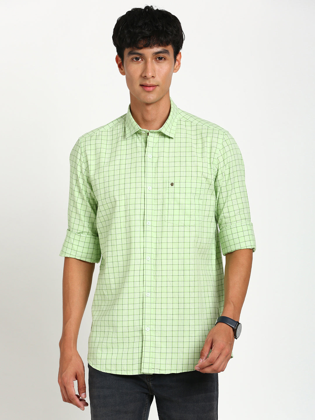 100% Cotton Green Checkered Slim Fit Full Sleeve Casual Shirt